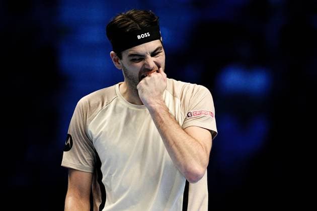 United States™ Taylor Fritz react during the singles tennis match of the ATP, Tennis Herren World Tour Finals against Australia s Alex de Minaur at the Inalpi Arena in Turin, Italy - Thursday, Nov. 13, 2025. -  Copyright: xMarcoxAlpozzi LaPressex