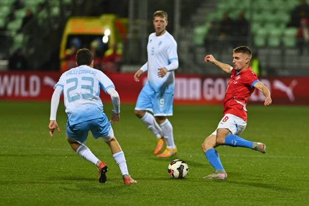 L-R Matteo Valli Casadei (San Marino), Nicola Nanni (San Marino) and Michal Sadilek (Czechia) in action during football friendly match: Czechia vs San Marino, in Karvina, Czech Republic, on November 13, 2025. (CTKxPhoto JaroslavxOzana) CTKPhotoP2025111306775  CTKPhotoP2025111306775