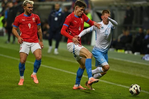 L-R Tomas Ladra (Czechia), Martin Vitik (Czechia) and Filippo Berardi (San Marino) in action during football friendly match: Czechia vs San Marino, in Karvina, Czech Republic, on November 13, 2025. (CTKxPhoto JaroslavxOzana) CTKPhotoP2025111306803  CTKPhotoP2025111306803