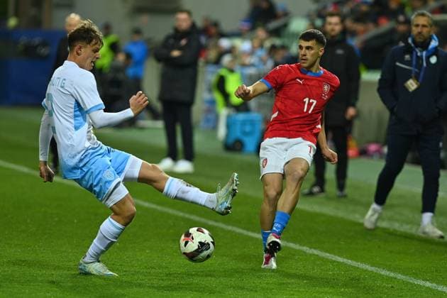 L-R Giacomo Benvenuti (San Marino) and David Jurasek (Czechia) in action during football friendly match: Czechia vs San Marino, in Karvina, Czech Republic, on November 13, 2025. (CTKxPhoto JaroslavxOzana) CTKPhotoP2025111306966  CTKPhotoP2025111306966