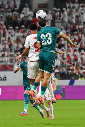 UAE v Iraq - 2026 AFC World Cup Qualifiers ABU DHABI, UNITED ARAB EMIRATES - NOVEMBER 13: Hamza Ali Almaazmi (L) of UAE in action against Merchas Doski (R) of Iraq during the first match of the fifth round of the 2026 FIFA World Cup, WM, Weltmeisterschaft, Fussball Asian Qualifiers at the Mohammed bin Zayed Stadium in Abu Dhabi, United Arab Emirates, on November 13, 2025. Waleed Zein Anadolu Abu Dhabi United Arab Emirates. Editorial use only. Please get in touch for any other usage.  Copyright: x2025xAnadoluxWaleedxZeinx