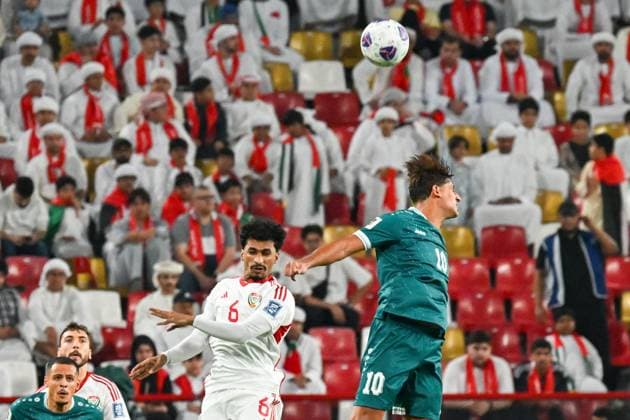 UAE v Iraq - 2026 AFC World Cup Qualifiers ABU DHABI, UNITED ARAB EMIRATES - NOVEMBER 13: Abdullah Ramadan (L) of UAE in action against Muhanned Ali (R) of Iraq during the first match of the fifth round of the 2026 FIFA World Cup, WM, Weltmeisterschaft, Fussball Asian Qualifiers at the Mohammed bin Zayed Stadium in Abu Dhabi, United Arab Emirates, on November 13, 2025. Waleed Zein Anadolu Abu Dhabi United Arab Emirates. Editorial use only. Please get in touch for any other usage.  Copyright: x2025xAnadoluxWaleedxZeinx