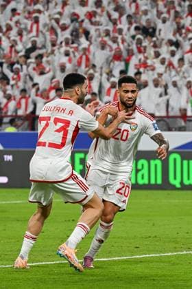 UAE v Iraq - 2026 AFC World Cup Qualifiers ABU DHABI, UNITED ARAB EMIRATES - NOVEMBER 13: Players of UAE celebrate after a goal during the first match of the fifth round of the 2026 FIFA World Cup, WM, Weltmeisterschaft, Fussball Asian Qualifiers at the Mohammed bin Zayed Stadium in Abu Dhabi, United Arab Emirates, on November 13, 2025. Waleed Zein Anadolu Abu Dhabi United Arab Emirates. Editorial use only. Please get in touch for any other usage.  Copyright: x2025xAnadoluxWaleedxZeinx