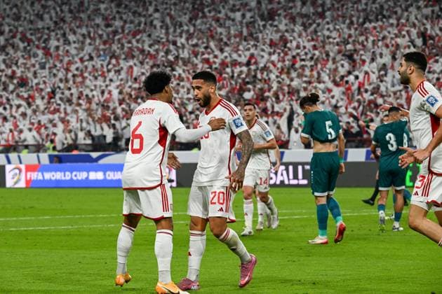 UAE v Iraq - 2026 AFC World Cup Qualifiers ABU DHABI, UNITED ARAB EMIRATES - NOVEMBER 13: Players of UAE celebrate after a goal during the first match of the fifth round of the 2026 FIFA World Cup, WM, Weltmeisterschaft, Fussball Asian Qualifiers at the Mohammed bin Zayed Stadium in Abu Dhabi, United Arab Emirates, on November 13, 2025. Waleed Zein Anadolu Abu Dhabi United Arab Emirates. Editorial use only. Please get in touch for any other usage.  Copyright: x2025xAnadoluxWaleedxZeinx