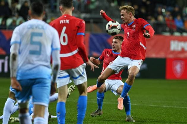 L-R Michele Cevoli (San Marino), Martin Vitik (Czechia), Michal Sadilek (Czechia) and Adam Karabec (Czechia) in action during football friendly match: Czechia vs San Marino, in Karvina, Czech Republic, on November 13, 2025. (CTKxPhoto JaroslavxOzana) CTKPhotoP2025111307161  CTKPhotoP2025111307161