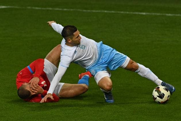 L-R Vaclav Sejk (Czechia) and Dante Carlos Rossi (San Marino) in action during football friendly match: Czechia vs San Marino, in Karvina, Czech Republic, on November 13, 2025. (CTKxPhoto JaroslavxOzana) CTKPhotoP2025111307304  CTKPhotoP2025111307304