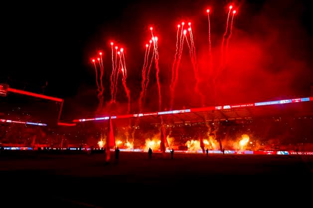 fire works before the start of the game FC Twente v FC Schalke 04, 60th Anniversary Game, FC Twente v Schalke 04, De Grolsch Veste Stadium, November 13, 2025, Enschede, Netherlands.