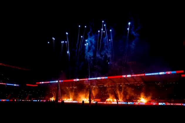 fire works before the start of the game FC Twente v FC Schalke 04, 60th Anniversary Game, FC Twente v Schalke 04, De Grolsch Veste Stadium, November 13, 2025, Enschede, Netherlands.