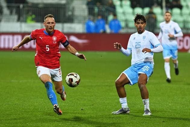 L-R Vladimir Coufal (Czechia) and Gabriel Capicchioni (San Marino) in action during football friendly match: Czechia vs San Marino, in Karvina, Czech Republic, on November 13, 2025. (CTKxPhoto JaroslavxOzana) CTKPhotoP2025111307765  CTKPhotoP2025111307765