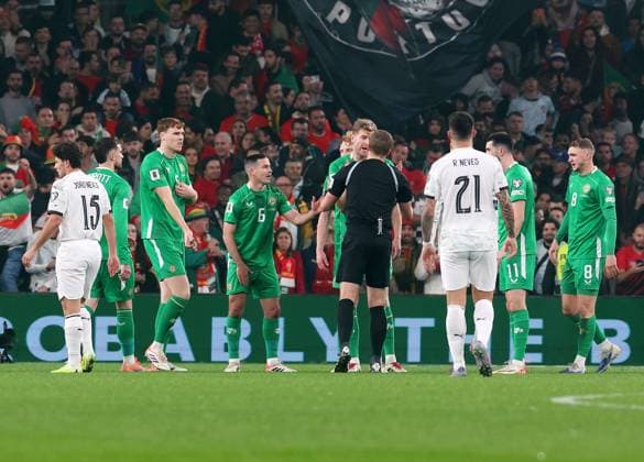 Players of Republic of Ireland protest to the referee after a free kick is awarded to Portugal Republic of Ireland v Portugal, FIFA 2026 World Cup Qualifying, Group F, Football, Aviva Stadium, Dublin, Ireland - 13 Nov 2025Dublin Aviva Stadium Ireland EDITORIAL USE ONLY No use with unauthorised audio, video, data, fixture lists, club league logos or live services. Online in-match use limited to 120 images, no video emulation. No use in betting, games or single club league player publications. Copyright: xLorrainexO Sullivan Shutterstockx 15759346k