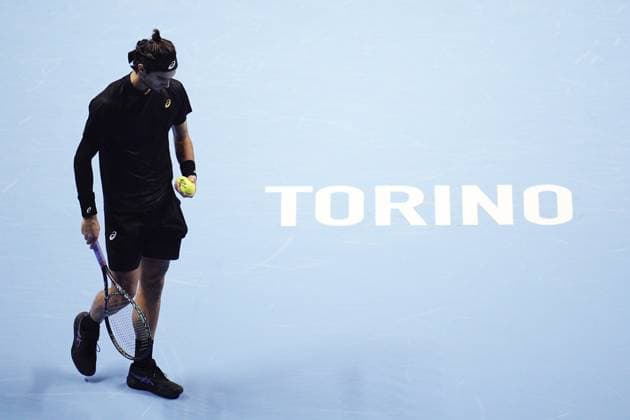 Italy s Lorenzo Musetti returns the ball to Carlos Alcaraz during the singles tennis match of the ATP, Tennis Herren World Tour Finals at the Inalpi Arena in Turin, Italy - Thursday, Nov. 13, 2025. -  Copyright: xMarcoxAlpozzi LaPressex