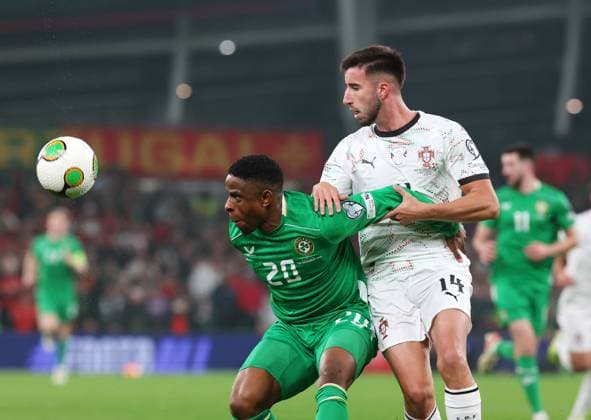 Chiedozie Odbene of the Republic of Ireland shields the ball from Goncalo Inacio of Portugal Republic of Ireland v Portugal, FIFA 2026 World Cup Qualifying, Group F, Football, Aviva Stadium, Dublin, Ireland - 13 Nov 2025Dublin Aviva Stadium Ireland EDITORIAL USE ONLY No use with unauthorised audio, video, data, fixture lists, club league logos or live services. Online in-match use limited to 120 images, no video emulation. No use in betting, games or single club league player publications. Copyright: xLorrainexO Sullivan Shutterstockx 15759346m