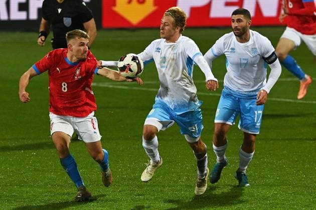 L-R Michal Sadilek (Czechia), Lorenzo Lazzari (San Marino) and Alessandro Golinucci (San Marino) in action during football friendly match: Czechia vs San Marino, in Karvina, Czech Republic, on November 13, 2025. (CTKxPhoto JaroslavxOzana) CTKPhotoP2025111308113  CTKPhotoP2025111308113