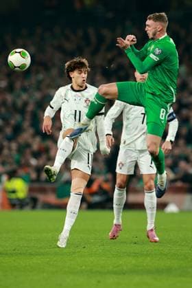 2026 FIFA World Cup, WM, Weltmeisterschaft, Fussball Qualifier Group F, Aviva Stadium, Dublin 13 11 2025 Republic of Ireland vs Portugal Portugal s Joao Felix competes in the air with Ireland s Jack Taylor Joao Felix competes in the air with Jack Taylor 13 11 2025  Copyright: x INPHO MorganxTreacyx 0U6A0388