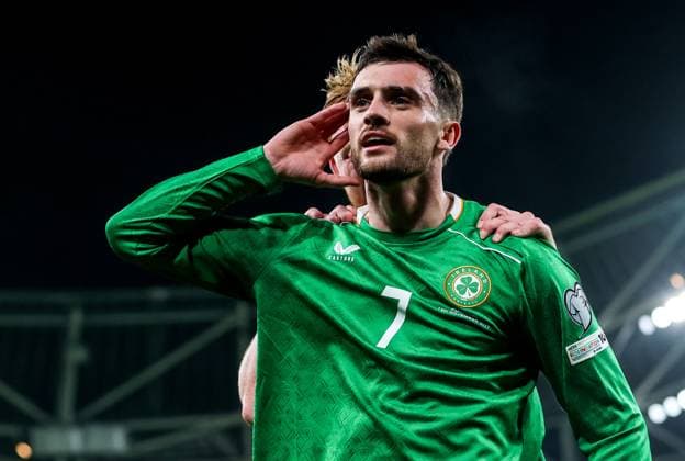 2026 FIFA World Cup, WM, Weltmeisterschaft, Fussball Qualifier Group F, Aviva Stadium, Dublin 13 11 2025 Republic of Ireland vs Portugal Ireland s Troy Parrott celebrates scoring his sides first goal Troy Parrott celebrates scoring his sides first goal 13 11 2025  Copyright: x INPHO RyanxByrnex RB1_4433