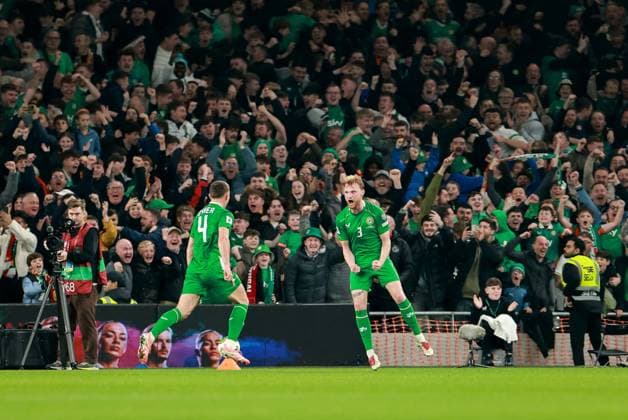 2026 FIFA World Cup, WM, Weltmeisterschaft, Fussball Qualifier Group F, Aviva Stadium, Dublin 13 11 2025 Republic of Ireland vs Portugal Ireland s Liam Scales and Dara O Shea celebrate Liam Scales and Dara O Shea celebrate 13 11 2025  Copyright: x INPHO MorganxTreacyx 0U6A0548_1