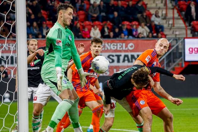 Daan Rots of FC Twente heads the ball and scores the 2-0 FC Twente v FC Schalke 04, 60th Anniversary Game, FC Twente v Schalke 04, De Grolsch Veste Stadium, November 13, 2025, Enschede, Netherlands.