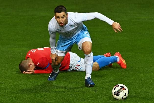 L-R Vaclav Sejk (Czechia) and Dante Carlos Rossi (San Marino) in action during football friendly match: Czechia vs San Marino, in Karvina, Czech Republic, on November 13, 2025. (CTKxPhoto JaroslavxOzana) CTKPhotoP2025111308231  CTKPhotoP2025111308231