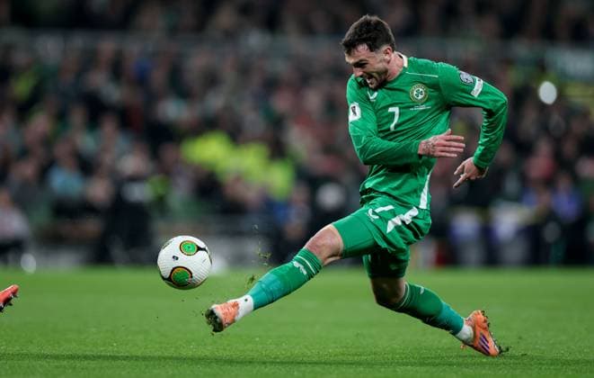 2026 FIFA World Cup, WM, Weltmeisterschaft, Fussball Qualifier Group F, Aviva Stadium, Dublin 13 11 2025 Republic of Ireland vs Portugal Ireland s Troy Parrott blocks Diogo Costa of Portugal s kick out Troy Parrott blocks Diogo Costa s kick out 13 11 2025  Copyright: x INPHO NickxElliottx IMG_7572