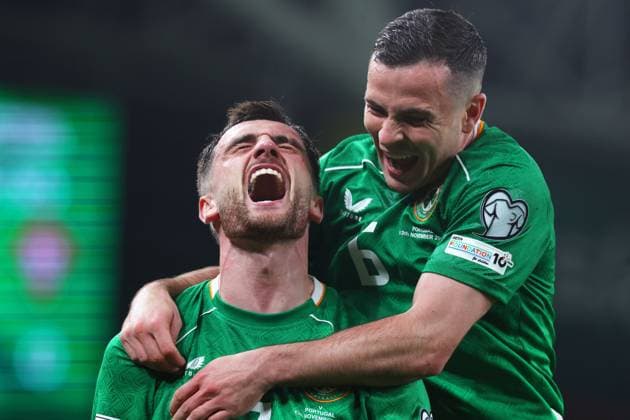 Troy Parrott of the Republic of Ireland celebrates scoring a goal to make it 2-0 with Josh Cullen of the Republic of Ireland Republic of Ireland v Portugal, FIFA 2026 World Cup Qualifying, Group F, Football, Aviva Stadium, Dublin, Ireland - 13 Nov 2025Dublin Aviva Stadium Ireland EDITORIAL USE ONLY No use with unauthorised audio, video, data, fixture lists, club league logos or live services. Online in-match use limited to 120 images, no video emulation. No use in betting, games or single club league player publications. Copyright: xLorrainexO Sullivan Shutterstockx 15759346am