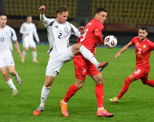Fußball, Länderspiel, Nordmazedonien - Lettland Milan Ristovski from North Macedonia and Daniels Balodis from Latvia during International Friendly, Länderspiel, Nationalmannschaft football match between North Macedonia and Latvia in Skopje, North Macedonia, 13 November 2025. IMAGO PETR STOJANOVSKI