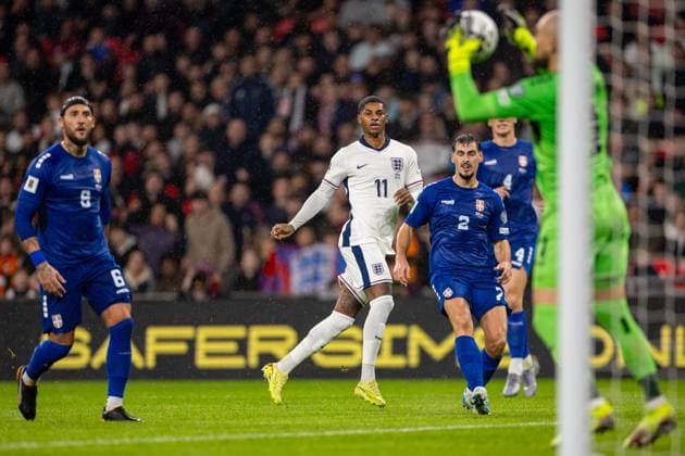 Football - FIFA World Cup, WM, Weltmeisterschaft, Fussball 2026 Qualifying - Group K - England v Serbia LONDON, ENGLAND - Thursday, November 13, 2025: England s Marcus Rashford sees his shot saved during the FIFA World Cup 2026 Qualifying Group K match between England and Serbia at Wembley Stadium. (Photo by David Rawcliffe Propaganda) LONDON Wembley Stadium GREATER LONDON ENGLAND  Copyright: xDavidxRawcliffex P2025-11-13-England_Serbia-41