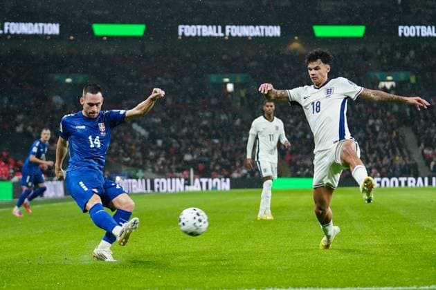 England v Serbia, World Cup Qualifier Andrija Zivkovic of Serbia under pressure from Nico O Reily of England during the England v Serbia UEFA World Cup Qualifier Group K match at Wembley Stadium, London, England on 13 November 2025 Credit: Dylan Hepworth Every Second Media Editorial use only. All images are copyright Every Second Media Limited. No images may be reproduced without prior permission. Copyright: xIMAGO EveryxSecondxMediax ESM-1663-0035 DylanxHepworthx xEveryxSecondxMediax