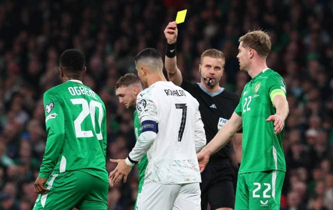 Cristiano Ronaldo of Portugal is shown a yellow card Republic of Ireland v Portugal, FIFA 2026 World Cup Qualifying, Group F, Football, Aviva Stadium, Dublin, Ireland - 13 Nov 2025Dublin Aviva Stadium Ireland EDITORIAL USE ONLY No use with unauthorised audio, video, data, fixture lists, club league logos or live services. Online in-match use limited to 120 images, no video emulation. No use in betting, games or single club league player publications. Copyright: xLorrainexO Sullivan Shutterstockx 15759346ar