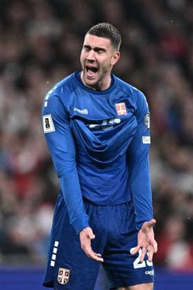 LONDON, ENGLAND - NOVEMBER 13: Dusan Vlahovic of national team, Nationalteam of Serbia reacts during the FIFA World Cup, WM, Weltmeisterschaft, Fussball 2026 qualifier match between England and Serbia at Wembley Stadium on November 13, 2025 in London, England. Photo Sebastian Frej England v Serbia - FIFA World Cup 2026 Qualifier Copyright: xSebastianxFrejx