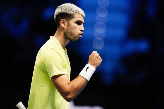 Spain s Carlos Alcaraz react on the singles tennis match of the ATP, Tennis Herren World Tour Finals agains Italy s Lorenzo Musetti at the Inalpi Arena in Turin, Italy - Thursday, Nov. 13, 2025. -  Copyright: xMarcoxAlpozzi LaPressex