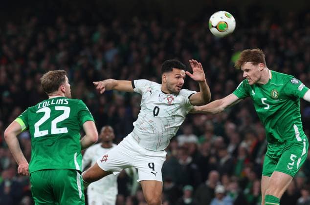 Jake O Brien of the Republic of Ireland heads the ball whilst being challenged by Goncalo Ramos of Portugal Republic of Ireland v Portugal, FIFA 2026 World Cup Qualifying, Group F, Football, Aviva Stadium, Dublin, Ireland - 13 Nov 2025Dublin Aviva Stadium Ireland EDITORIAL USE ONLY No use with unauthorised audio, video, data, fixture lists, club league logos or live services. Online in-match use limited to 120 images, no video emulation. No use in betting, games or single club league player publications. Copyright: xLorrainexO Sullivan Shutterstockx 15759346ba
