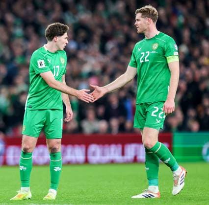 2026 FIFA World Cup, WM, Weltmeisterschaft, Fussball Qualifier Group F, Aviva Stadium, Dublin 13 11 2025 Republic of Ireland vs Portugal Ireland s Conor Coventry and Nathan Collins Conor Coventry and Nathan Collins 13 11 2025  Copyright: x INPHO RyanxByrnex RB2_8002