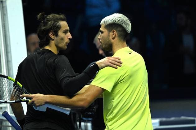 Foto IPP Massimo Rana Torino 13-11-2025 Tennis ATP, Tennis Herren Finals 2025 nella foto lorenzo musetti carlos alcaraz Italy Photo Press - World Copyright italy ITALY  Copyright: xR4924_italyphotopressx