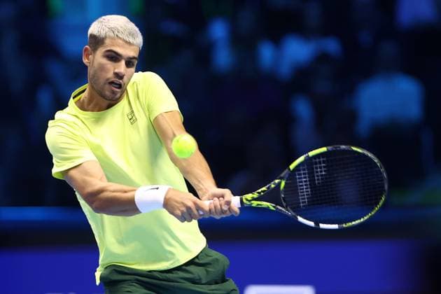 Carlos Alcaraz (Spain) controls the ball, day 5, Nitto ATP, Tennis Herren Finals 2025, INALPI Arena, November 13, 2025, Turin, Italy.