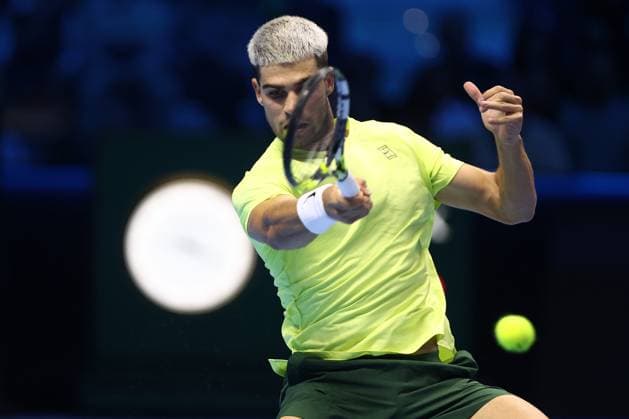 Carlos Alcaraz (Spain) controls the ball, day 5, Nitto ATP, Tennis Herren Finals 2025, INALPI Arena, November 13, 2025, Turin, Italy.