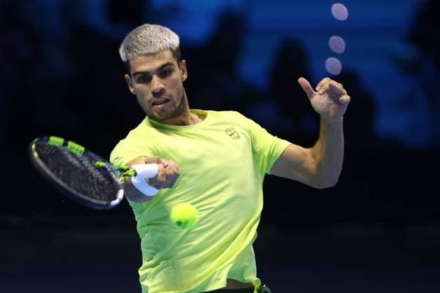 Carlos Alcaraz (Spain) controls the ball, day 5, Nitto ATP, Tennis Herren Finals 2025, INALPI Arena, November 13, 2025, Turin, Italy.