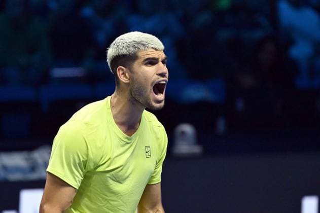Foto IPP Massimo Rana Torino 13-11-2025 Tennis ATP, Tennis Herren Finals 2025 nella foto esulta carlos alcaraz Italy Photo Press - World Copyright italy ITALY  Copyright: xR4924_italyphotopressx