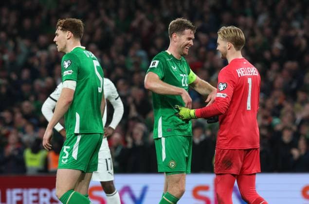 Nathan Collins of the Republic of Ireland and Caoimhin Kelleher of the Republic of Ireland celebrate winning the game at full time Republic of Ireland v Portugal, FIFA 2026 World Cup Qualifying, Group F, Football, Aviva Stadium, Dublin, Ireland - 13 Nov 2025Dublin Aviva Stadium Ireland EDITORIAL USE ONLY No use with unauthorised audio, video, data, fixture lists, club league logos or live services. Online in-match use limited to 120 images, no video emulation. No use in betting, games or single club league player publications. Copyright: xLorrainexO Sullivan Shutterstockx 15759346bf