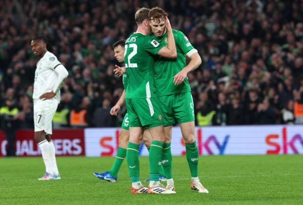 Nathan Collins of the Republic of Ireland and Jake O Brien of the Republic of Ireland celebrate winning the game at full time Republic of Ireland v Portugal, FIFA 2026 World Cup Qualifying, Group F, Football, Aviva Stadium, Dublin, Ireland - 13 Nov 2025Dublin Aviva Stadium Ireland EDITORIAL USE ONLY No use with unauthorised audio, video, data, fixture lists, club league logos or live services. Online in-match use limited to 120 images, no video emulation. No use in betting, games or single club league player publications. Copyright: xLorrainexO Sullivan Shutterstockx 15759346be