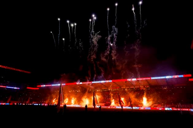 fire works before the start of the game FC Twente v FC Schalke 04, 60th Anniversary Game, FC Twente v Schalke 04, De Grolsch Veste Stadium, November 13, 2025, Enschede, Netherlands.