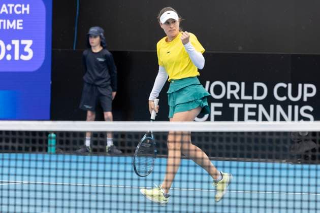 TENNIS BILLIE JEAN CUP AUSTRALIA PORTUGAL, Kimberly Birrell (AUS) during the Billie Jean Cup qualifier match between Australia and Portugal Matilde Jorge (POR)at Domain Tennis Centre in Hobart, Friday, November 14, 2025. ( NO ARCHIVING, EDITORIAL USE ONLY HOBART TASMANIA AUSTRALIA  Copyright: xCHRISxKIDDx 20251114148389528402