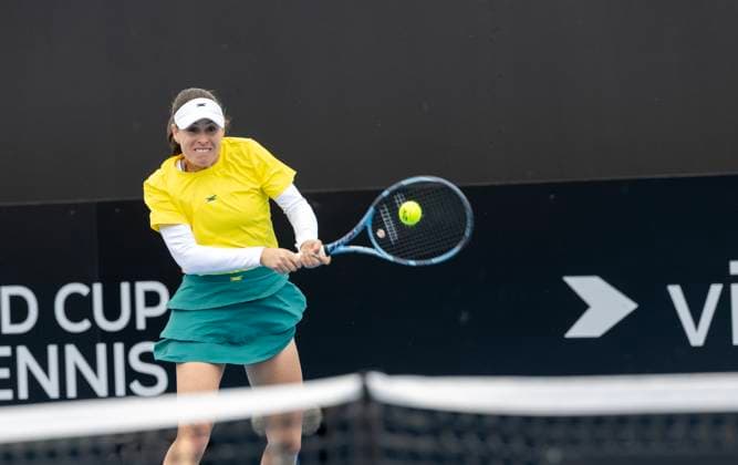 TENNIS BILLIE JEAN CUP AUSTRALIA PORTUGAL, Kimberly Birrell (AUS) during the Billie Jean Cup qualifier match between Australia and Portugal Matilde Jorge (POR)at Domain Tennis Centre in Hobart, Friday, November 14, 2025. ( NO ARCHIVING, EDITORIAL USE ONLY HOBART TASMANIA AUSTRALIA  Copyright: xCHRISxKIDDx 20251114188411937408
