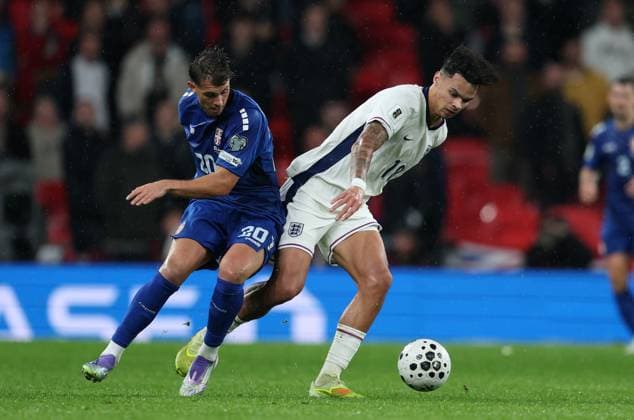 Adam Wharton of England with Lazar Samarddzic of Serbia England v Serbia - UEFA World Cup Qualifiers - Group K. Football. Wembley Stadium, London. UK. 13 NOV 2025Wembley Wembley Stadium London United Kingdom Editorial use only  Copyright: xJASONPIX Shutterstockx 15785832fl