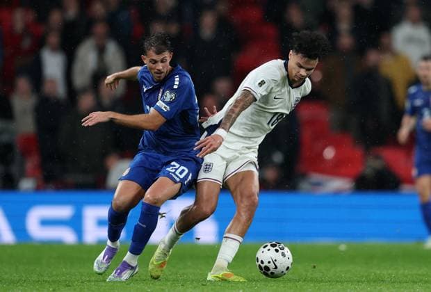 Adam Wharton of England with Lazar Samarddzic of Serbia England v Serbia - UEFA World Cup Qualifiers - Group K. Football. Wembley Stadium, London. UK. 13 NOV 2025Wembley Wembley Stadium London United Kingdom Editorial use only  Copyright: xJASONPIX Shutterstockx 15785832fw