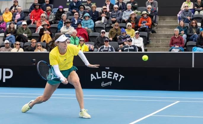 TENNIS BILLIE JEAN CUP AUSTRALIA PORTUGAL, Kimberly Birrell (AUS) during the Billie Jean Cup qualifier match between Australia and Portugal Matilde Jorge (POR)at Domain Tennis Centre in Hobart, Friday, November 14, 2025. ( NO ARCHIVING, EDITORIAL USE ONLY HOBART TASMANIA AUSTRALIA  Copyright: xCHRISxKIDDx 20251114111670033946