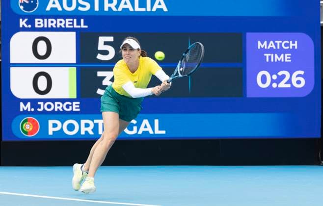 TENNIS BILLIE JEAN CUP AUSTRALIA PORTUGAL, Kimberly Birrell (AUS) during the Billie Jean Cup qualifier match between Australia and Portugal Matilde Jorge (POR)at Domain Tennis Centre in Hobart, Friday, November 14, 2025. ( NO ARCHIVING, EDITORIAL USE ONLY HOBART TASMANIA AUSTRALIA  Copyright: xCHRISxKIDDx 20251114157641733810