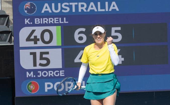 TENNIS BILLIE JEAN CUP AUSTRALIA PORTUGAL, Kimberly Birrell (AUS) wins the Billie Jean Cup qualifier match between Australia and Portugal Matilde Jorge (POR)at Domain Tennis Centre in Hobart, Friday, November 14, 2025. ( NO ARCHIVING, EDITORIAL USE ONLY HOBART TASMANIA AUSTRALIA  Copyright: xCHRISxKIDDx 20251114197999120539