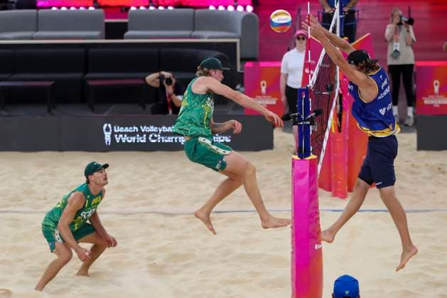 Beach volleyball, Beachvolleyball WORLD CHAMPIONSHIPS, Jacob Holting Nilsson & Elmer Andersson (SWE) vs Oliver Merritt and Ben Hood (Aust) during The Beach Volleyball World Championships at Pinky Flat in Adelaide, Friday, November 14, 2025. ( NO ARCHIVING, EDITORIAL USE ONLY ADELAIDE SOUTH AUSTRALIA AUSTRALIA  Copyright: xMATTxTURNERx 20251114129820919737
