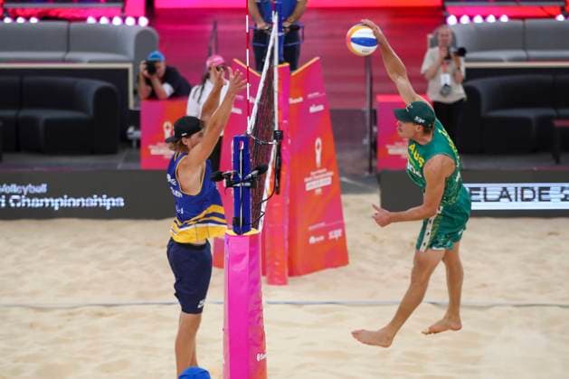 Beach volleyball, Beachvolleyball WORLD CHAMPIONSHIPS, Jacob Holting Nilsson & Elmer Andersson (SWE) vs Oliver Merritt and Ben Hood (Aust) during The Beach Volleyball World Championships at Pinky Flat in Adelaide, Friday, November 14, 2025. ( NO ARCHIVING, EDITORIAL USE ONLY ADELAIDE SOUTH AUSTRALIA AUSTRALIA  Copyright: xMATTxTURNERx 20251114174206792735