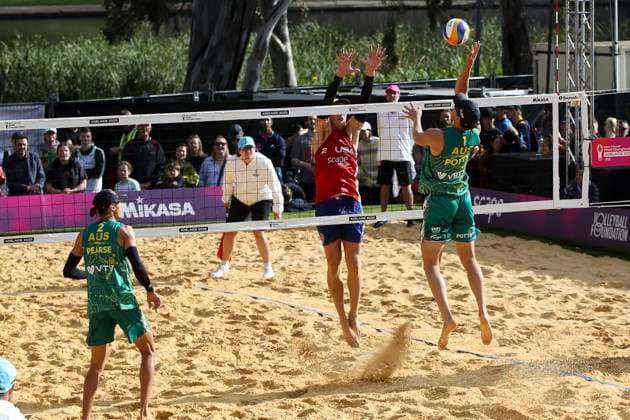 Beach volleyball, Beachvolleyball WORLD CHAMPIONSHIPS, D™Artagnan Potts and Jack Pearse of (AUS) vs Chaim Schalk and James Shaw (USA) during The Beach Volleyball World Championships at Pinky Flat in Adelaide, Friday, November 14, 2025. ( NO ARCHIVING, EDITORIAL USE ONLY ADELAIDE SOUTH AUSTRALIA AUSTRALIA  Copyright: xMATTxTURNERx 20251114155694851313
